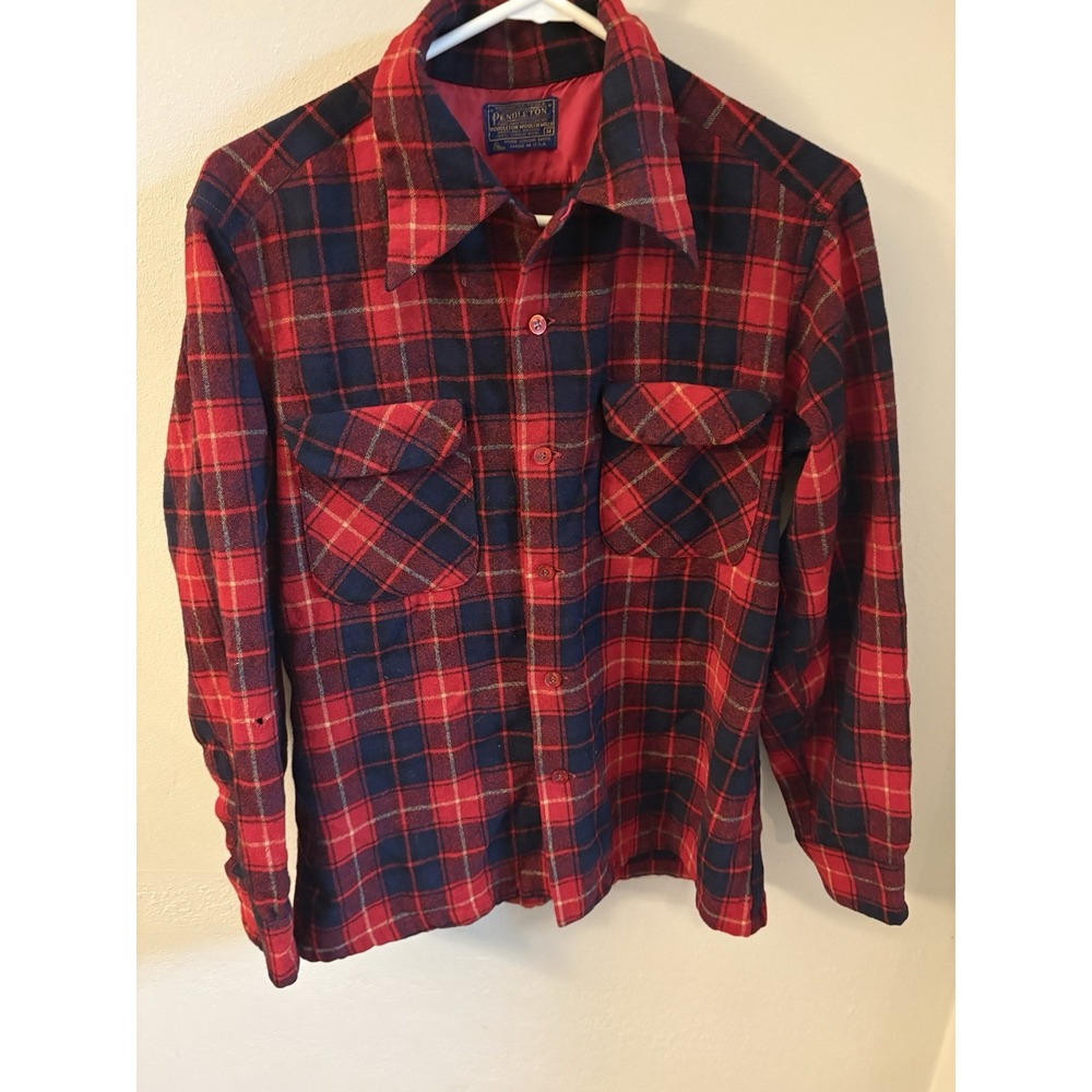 Pendleton Men's Flannel Shirt Wool Plaid Size Med Vintage Made in USA Pockets
